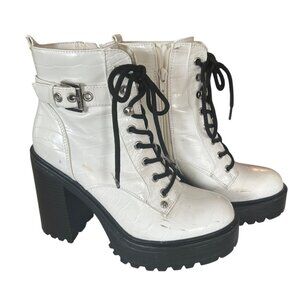 GBG White Women's 7M Croc Embossed Boot Chunky Heel Lug Sole Platform Combat